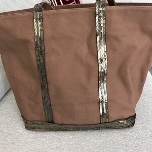 Brown Sequin-Trim Canvas Tote Bag